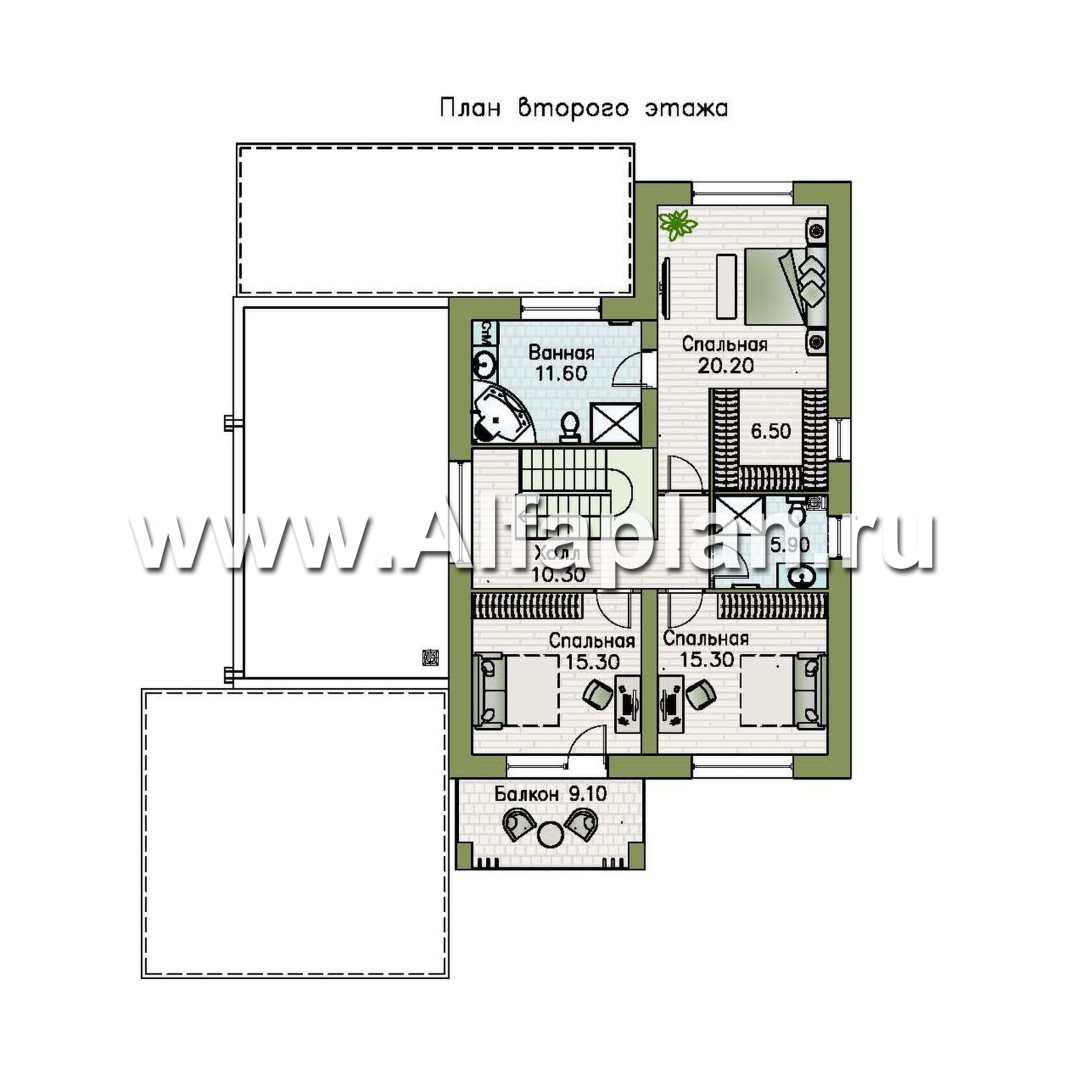 Проекты домов Альфаплан - «Футура» - современный двухэтажный дом с плоской кровлей и гаражом-навесом - план проекта №2