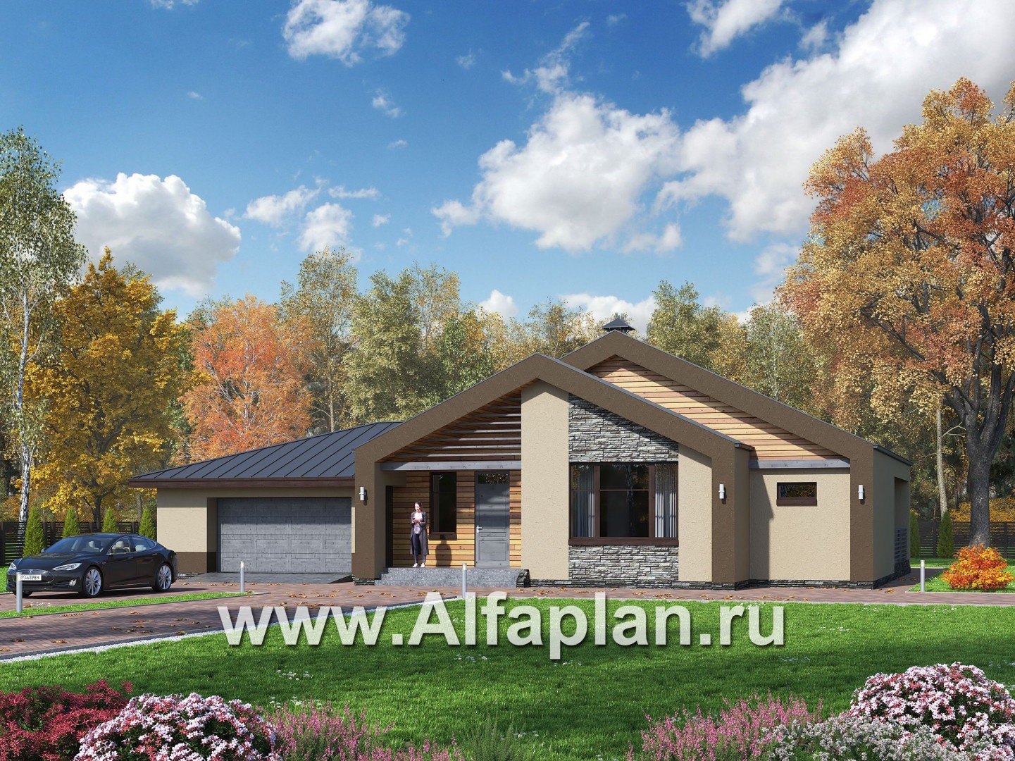Проекты домов Альфаплан - «Аркада» - современный одноэтажный дом с сауной и большим гаражом - основное изображение