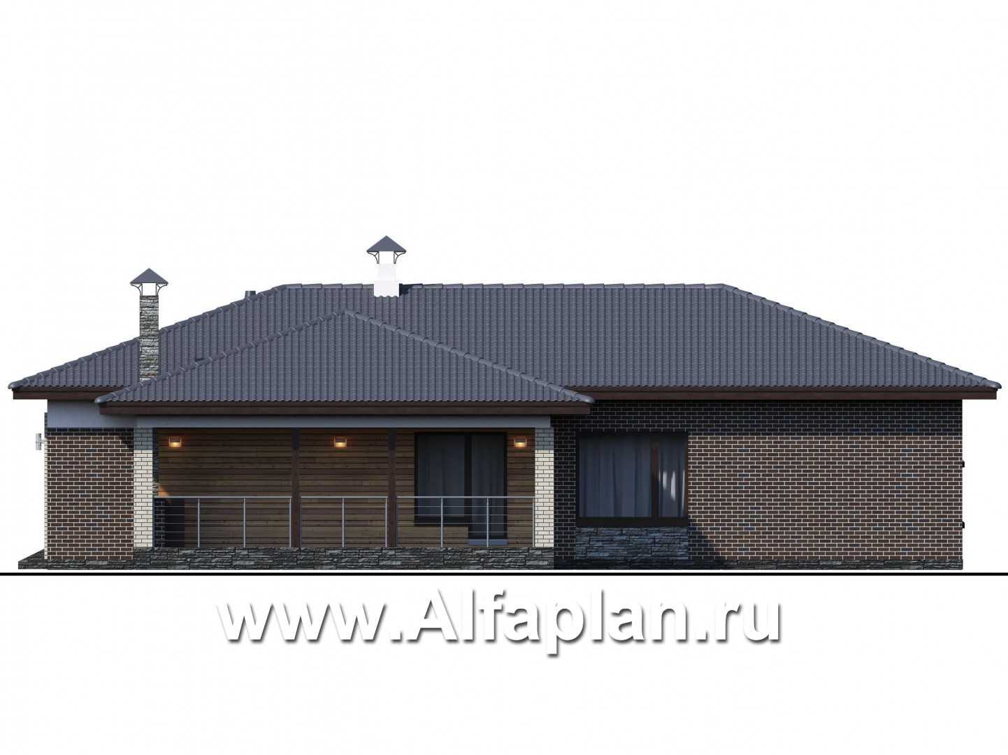Проекты домов Альфаплан - «Юкон» - просторный одноэтажный коттедж с террасой - изображение фасада №2