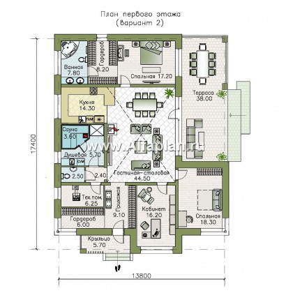 Проекты домов Альфаплан - «Ангара» - стильный одноэтажный коттедж с террасой - превью плана проекта №2