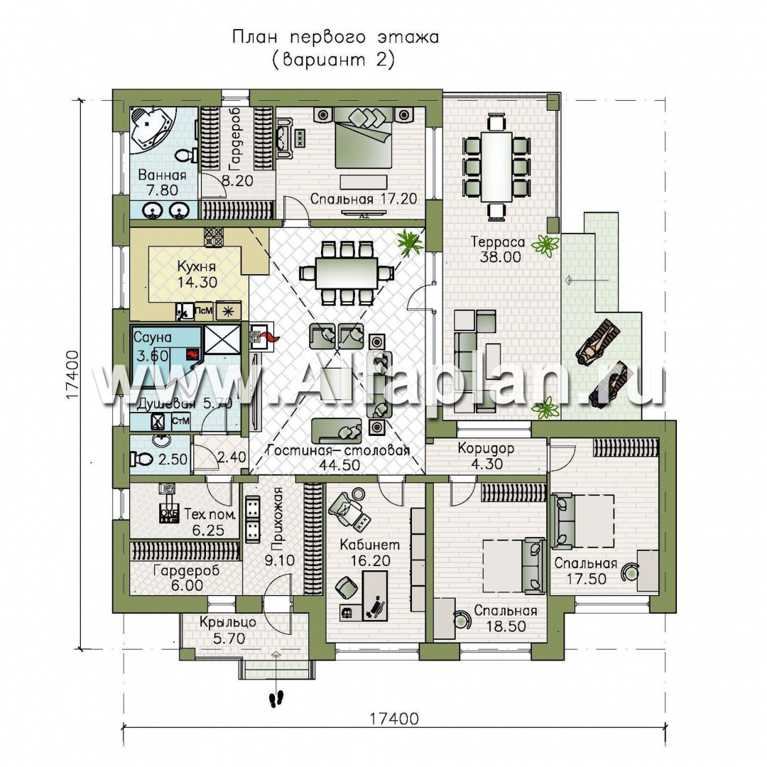 Проекты домов Альфаплан - «Горизонталь» - большой одноэтажный коттедж  в современном стиле - план проекта №2