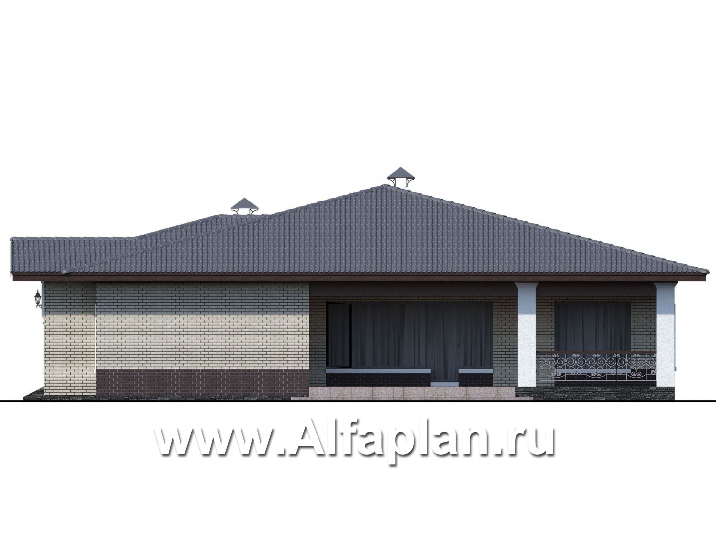 Проекты домов Альфаплан - «Ангара» - стильный одноэтажный коттедж с террасой - изображение фасада №2