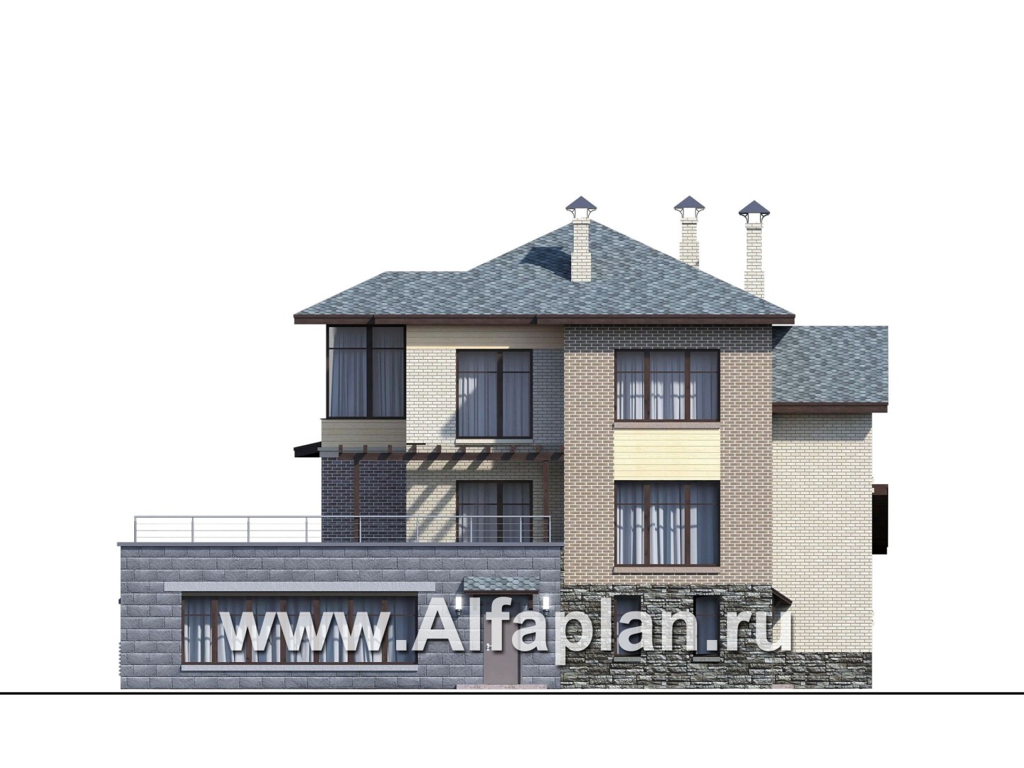 Проекты домов Альфаплан - "Амур" - трехэтажный особняк с гаражом и бассейном - изображение фасада №3
