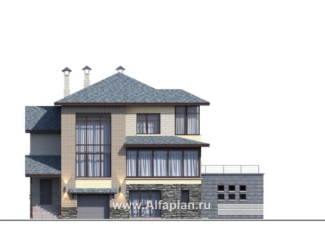 Проекты домов Альфаплан - "Амур" - трехэтажный особняк с гаражом и бассейном - превью фасада №1