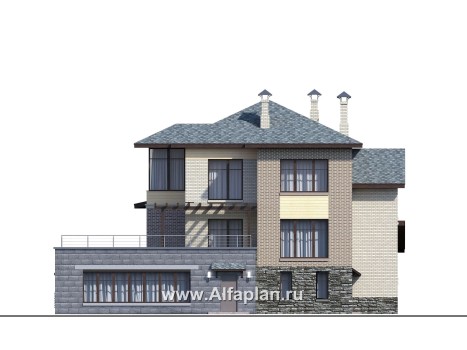 Проекты домов Альфаплан - "Амур" - трехэтажный особняк с гаражом и бассейном - превью фасада №3