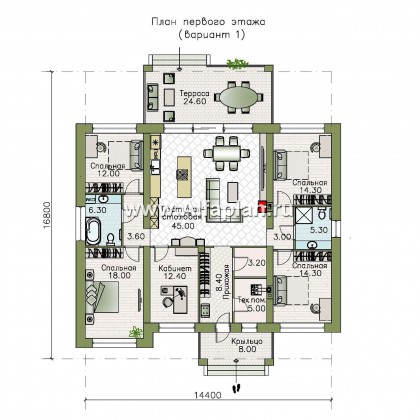 Проекты домов Альфаплан - «Зодиак» - одноэтажный коттедж с пятью жилыми комнатами - превью плана проекта №1