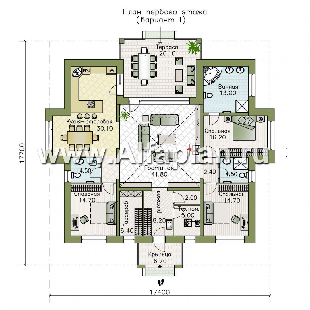 Проекты домов Альфаплан - «Аккорд» - просторный одноэтажный дом с симметричными фасадами - план проекта №1