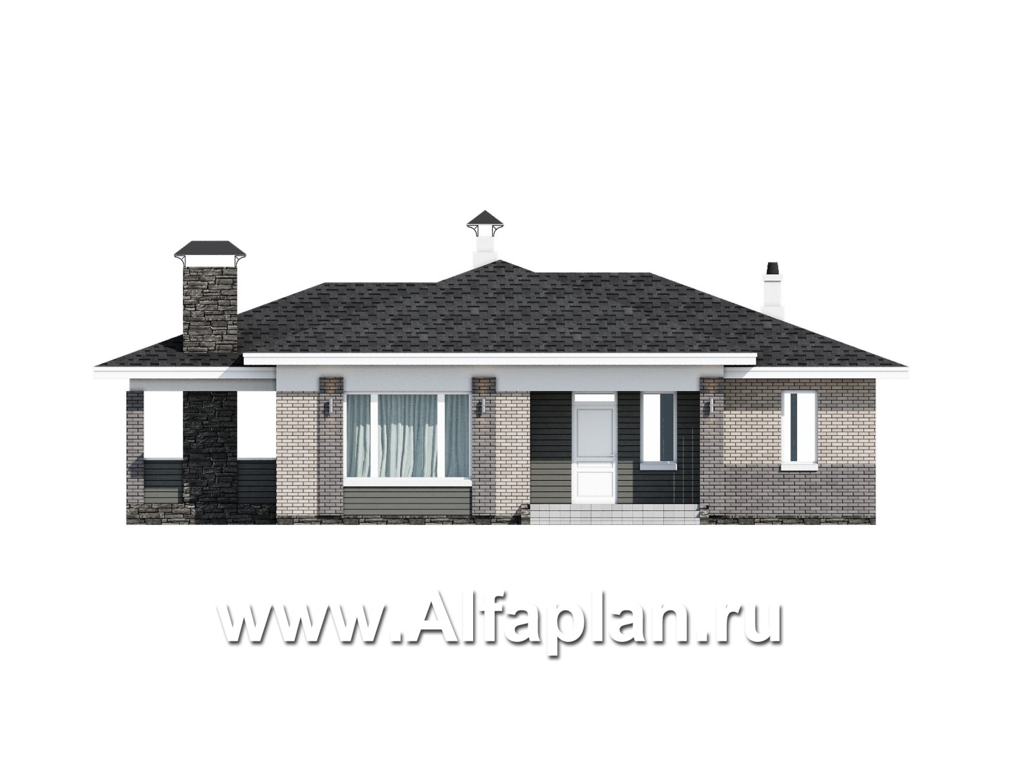 Проекты домов Альфаплан - «Юкон» - проект просторного одноэтажного коттеджа с террасой - изображение фасада №1
