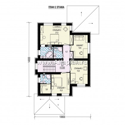Проект двухэтажного дома, планировка с кабинетом на 1 эт и с террасой, гараж на 1 авто, в современном стиле - превью план дома