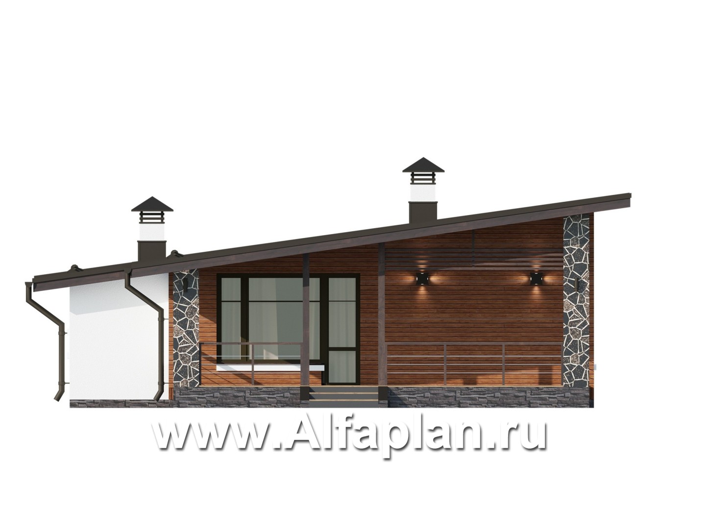 Проекты домов Альфаплан - Проект одноэтажного дома из газобетона, с гаражом - изображение фасада №4