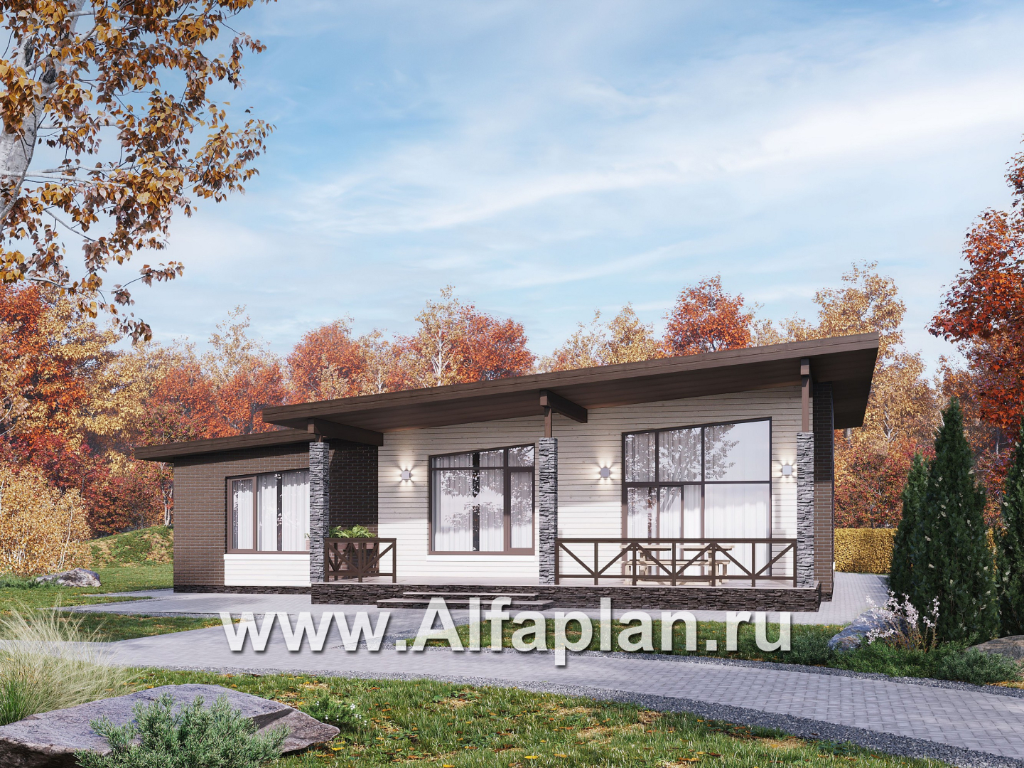 Проекты домов Альфаплан - "Стрелец" -проект газобетонного одноэтажного дома с односкатной крышей - основное изображение