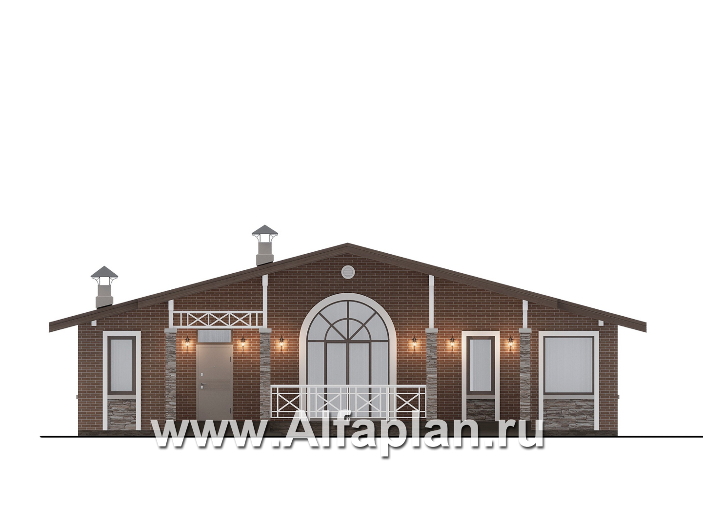 Проекты домов Альфаплан - "Форест" - проект одноэтажного дома с большой террасой и арочным окном - изображение фасада №1