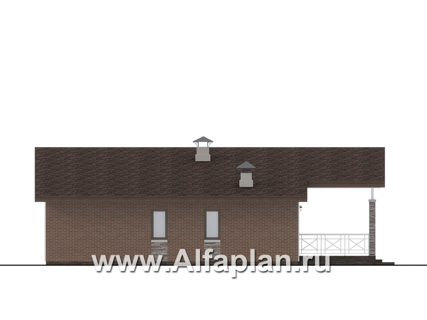 Проекты домов Альфаплан - "Форест" - проект одноэтажного дома с большой террасой и арочным окном - изображение фасада №3