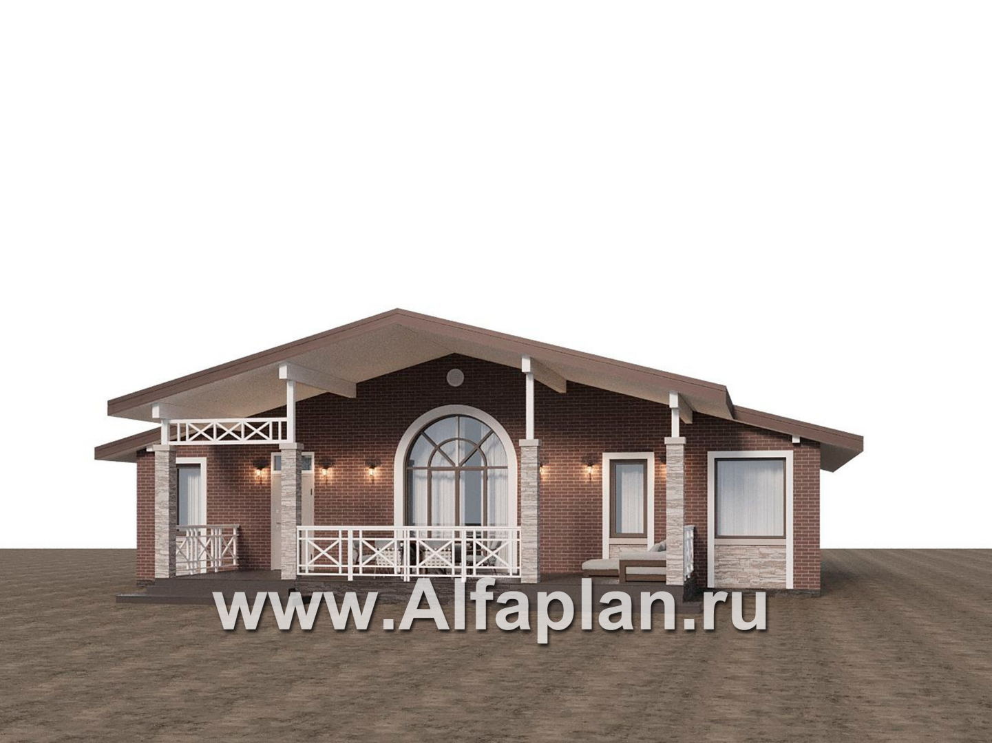 Проекты домов Альфаплан - "Форест" - проект одноэтажного дома с большой террасой и арочным окном - дополнительное изображение №1