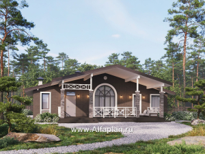 Проекты домов Альфаплан - "Форест" - проект одноэтажного дома с большой террасой и арочным окном - превью основного изображения