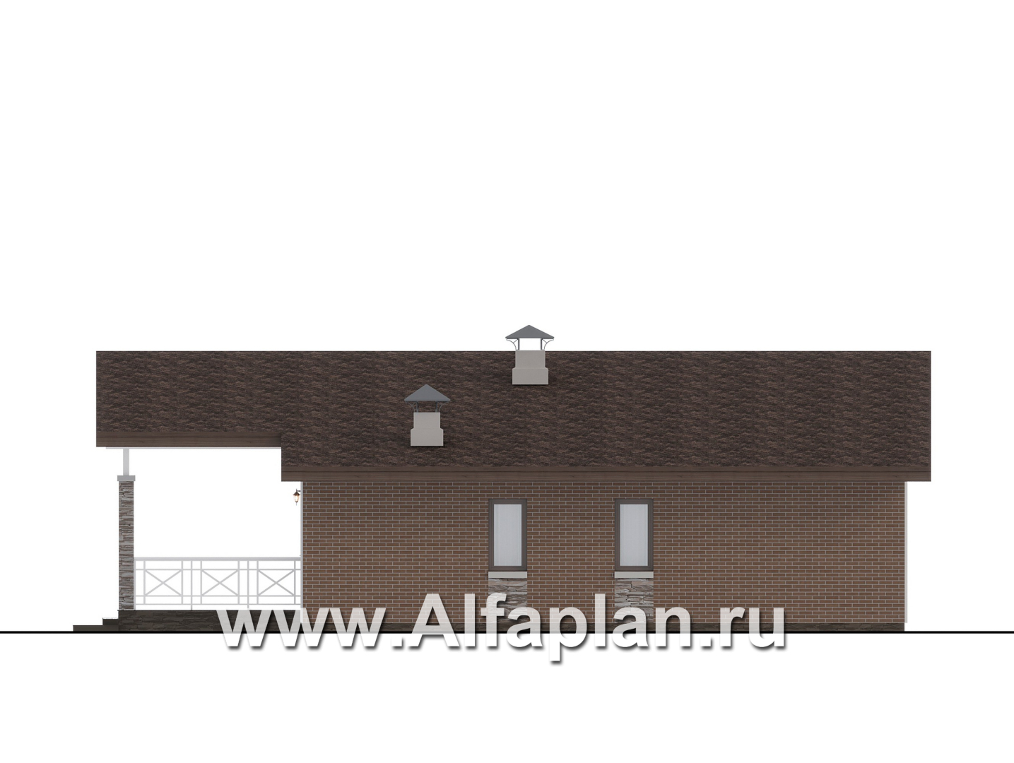 Проекты домов Альфаплан - "Форест" - проект одноэтажного дома с большой террасой и арочным окном - изображение фасада №2