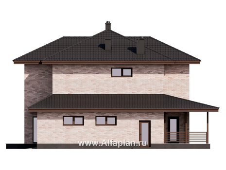 Проект двухэтажного дома из газобетона или кирпича, с террасой и с гаражом на 1 авто, в современном стиле - превью фасада дома