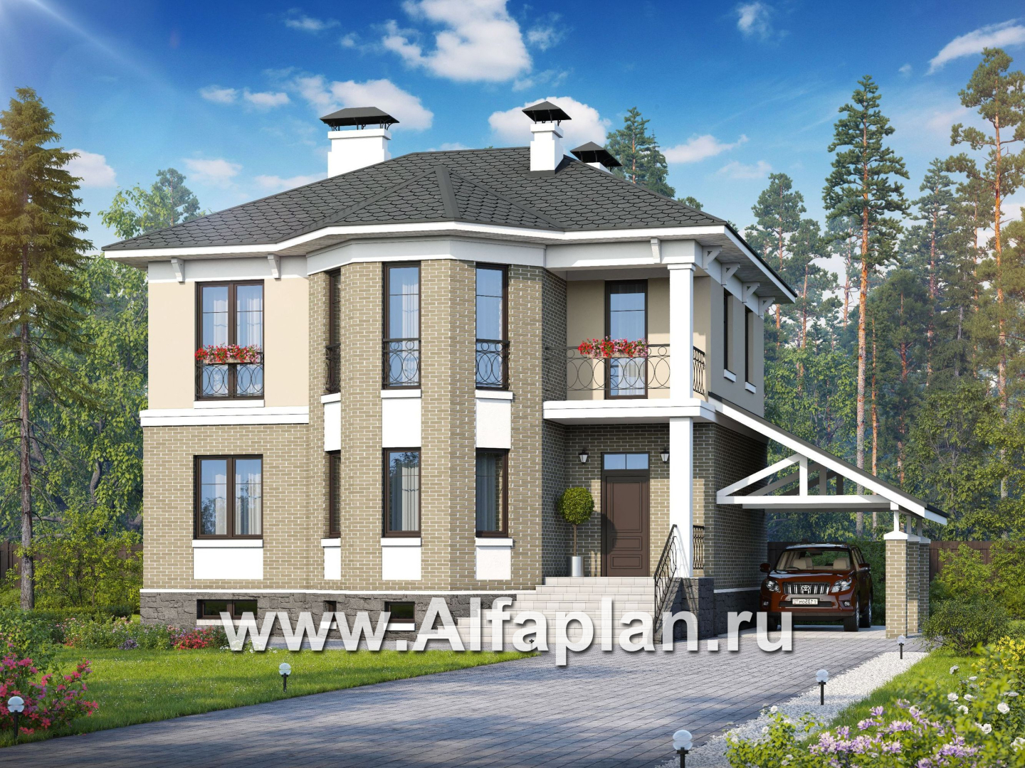 Проекты домов Альфаплан - «Классика плюс» - классический  особняк с цокольным этажом - основное изображение