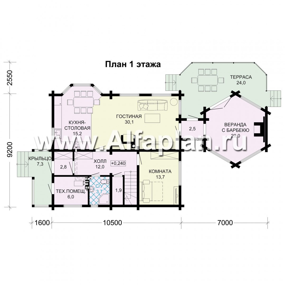 Проекты домов Альфаплан - Деревянный дом с уютной беседкой-барбекю - план проекта №1