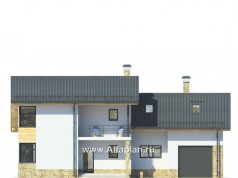 Проект дома с мансардой, план со спальней на 1 эт и мастер спальня на 2 эт, с террасой и с гаражом, в современном стиле - превью фасада дома