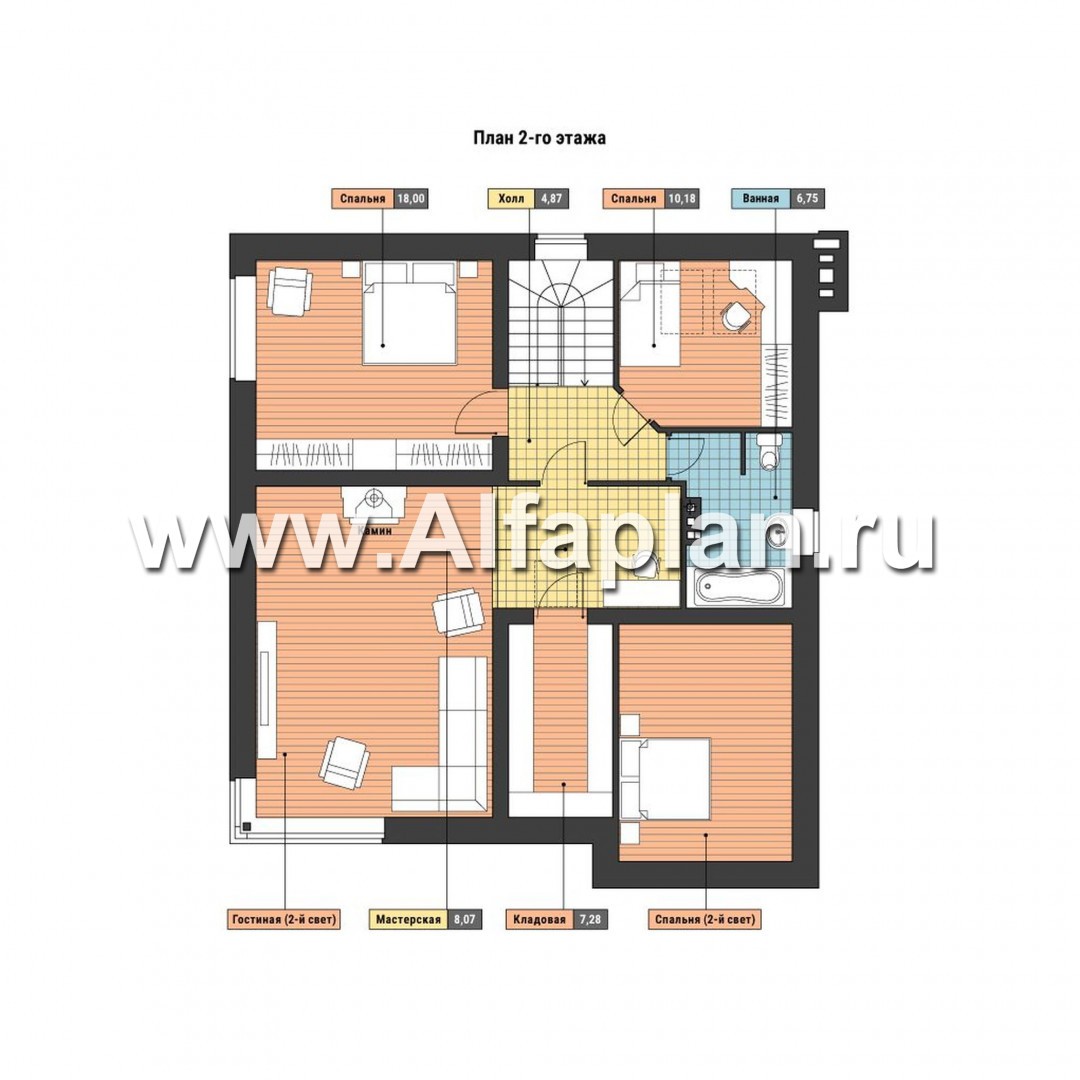 Проекты домов Альфаплан - Загородный дом с двумя спальными на 1-м этаже и навесом для двух авто - изображение плана проекта №2