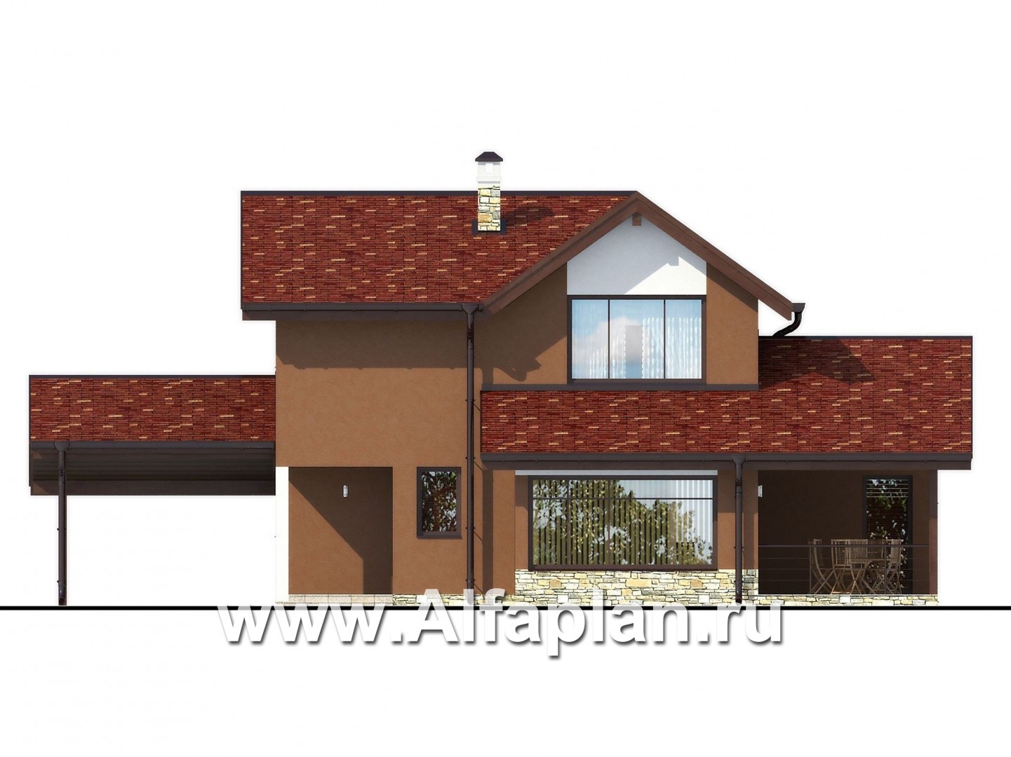 Проекты домов Альфаплан - Каркасный дом с большой террасой и навесом для машины - изображение фасада №1