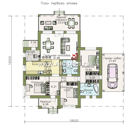 Проекты домов Альфаплан - «Витамин» - одноэтажный дом с террасой и навесом для машины - превью плана проекта №1