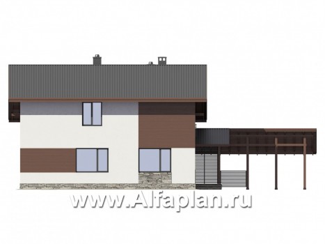 Проекты домов Альфаплан - Экономичный и компактный дом с навесом для авто - превью фасада №2