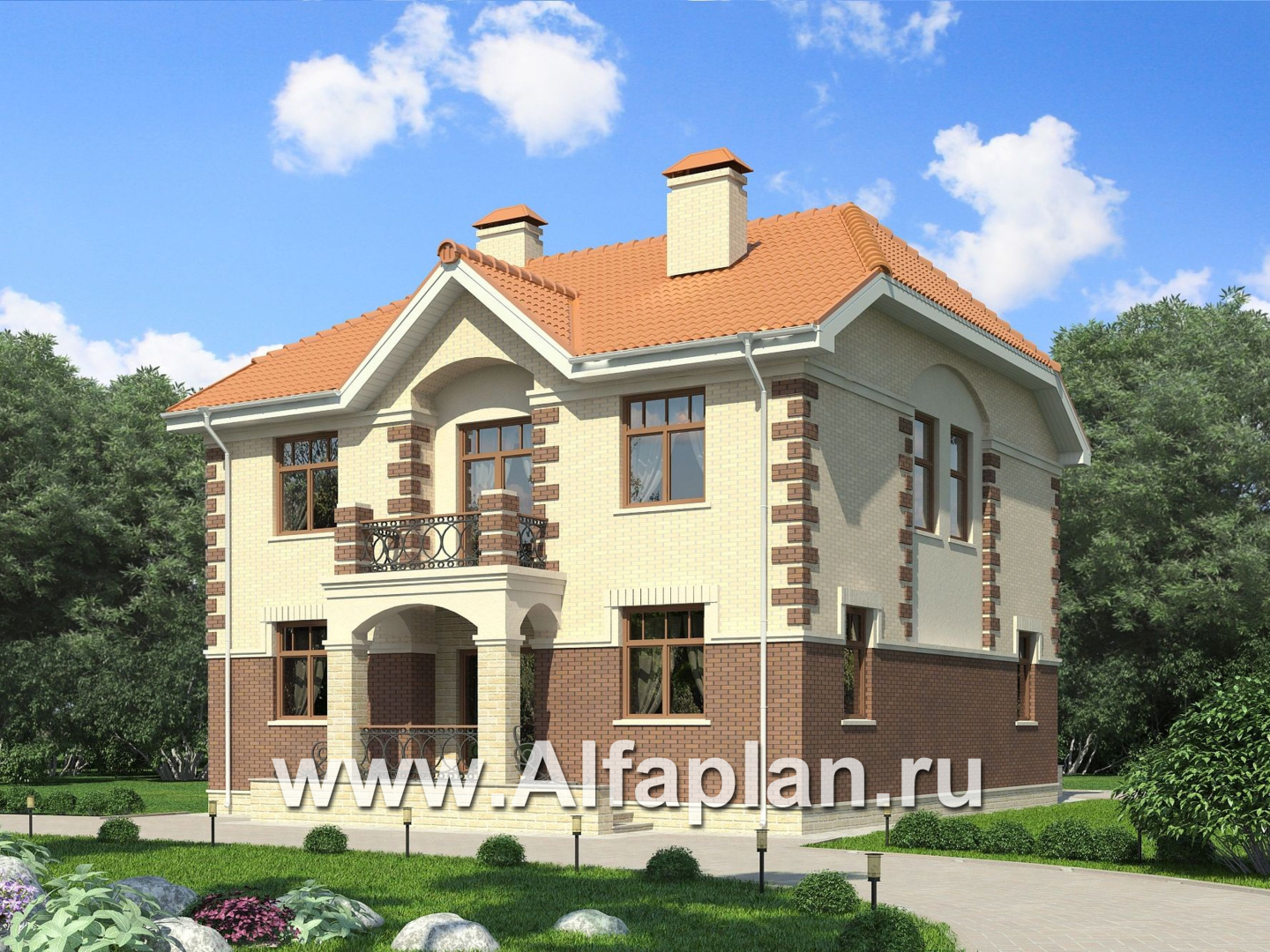 Проекты домов Альфаплан - Кирпичный коттедж в классических традициях - основное изображение