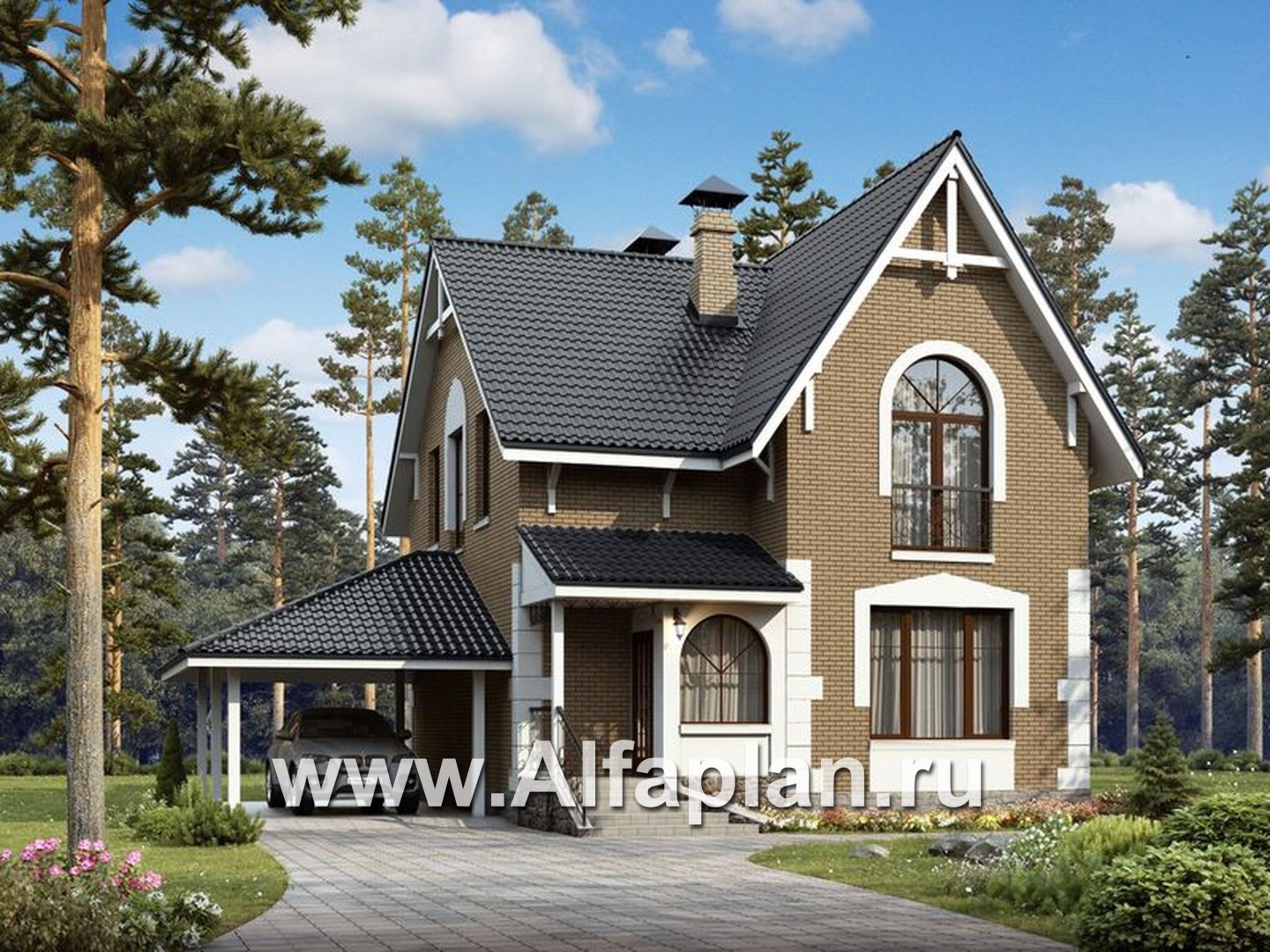 Проекты домов Альфаплан - Дом из газобетона «Оптима» с навесом и террасой - основное изображение