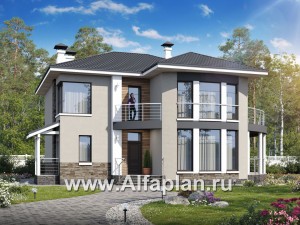Проекты домов Альфаплан - «Меркурий» - стильный коттедж с большой террасой и балконом - превью основного изображения