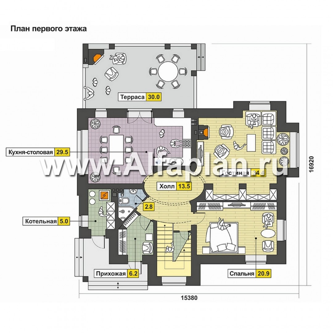 Проекты домов Альфаплан - Коттедж с овальным холлом и террасой-барбекю - изображение плана проекта №1