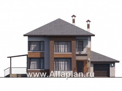 Проекты домов Альфаплан - «Печора» - стильный двухэтажный коттедж с гаражом - превью фасада №1