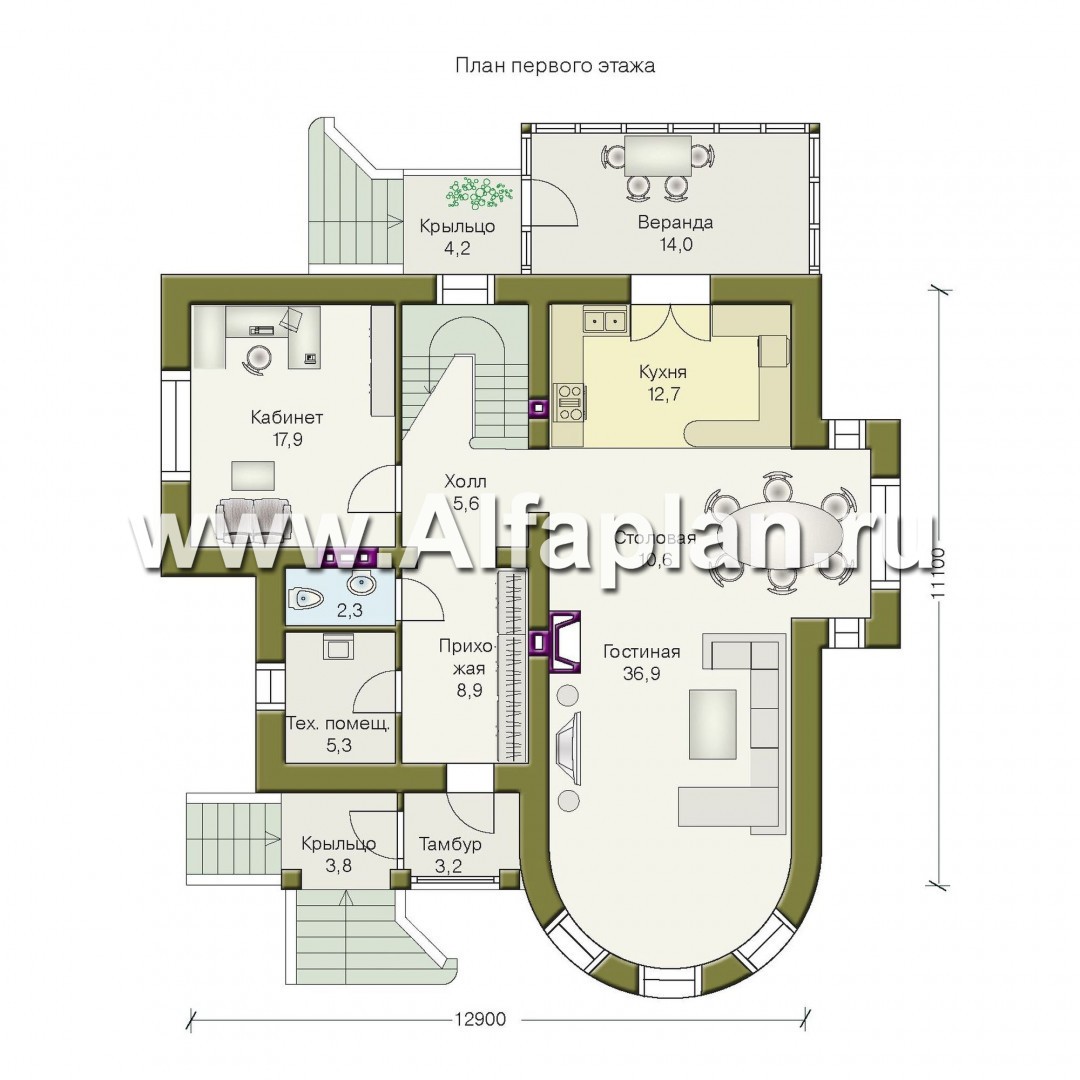 Проекты домов Альфаплан - «Авалон» - коттедж с полукруглым эркером - план проекта №1