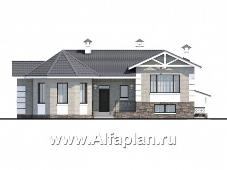 Проекты домов Альфаплан - «Тайный советник» - полутораэтажный коттедж с небольшим цоколем - превью фасада №1