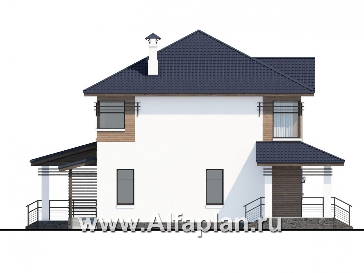 Проекты домов Альфаплан - «Рассвет»- коттедж с большой верандой и  красивыми угловыми окнами - изображение фасада №3