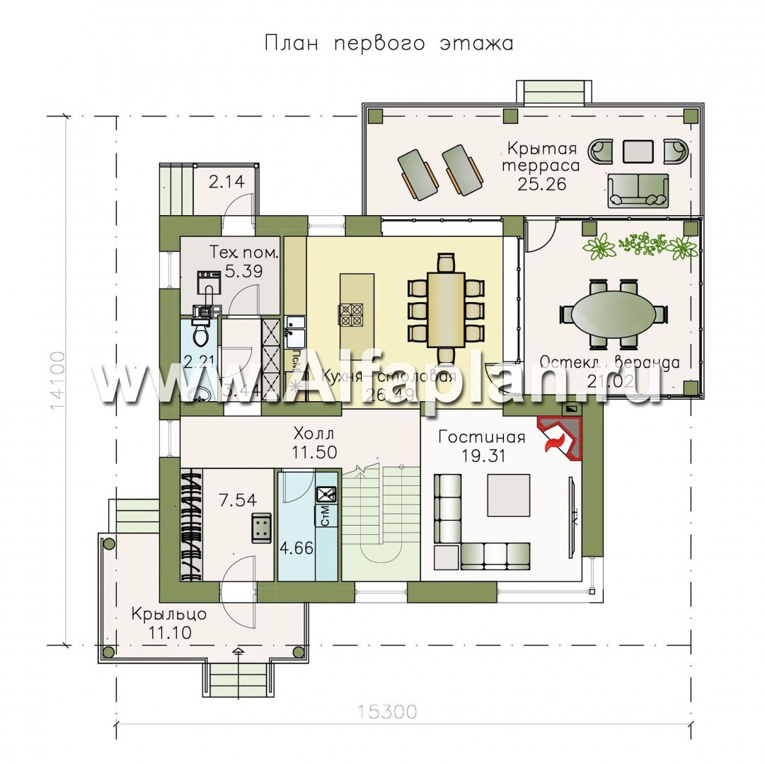 Проекты домов Альфаплан - «Рассвет»- коттедж с большой верандой и  красивыми угловыми окнами - план проекта №1