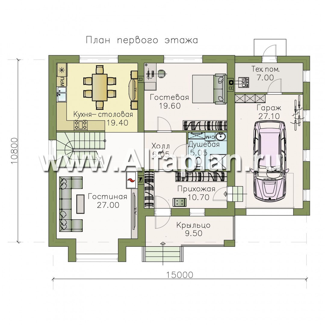 Проекты домов Альфаплан - «Вереск» — компактный и рациональный дом с гаражом - план проекта №1