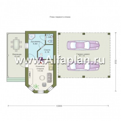 Проекты домов Альфаплан - Комфортабельная баня с навесом для автомобилей - превью плана проекта №1