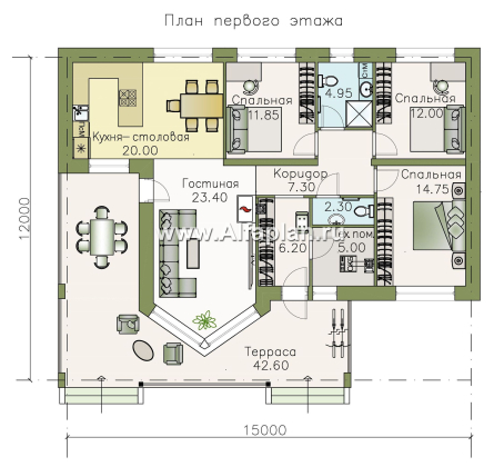 Проекты домов Альфаплан - «Яркий мир» - одноэтажный дом с высокой гостиной и просторной террасой - превью плана проекта №1