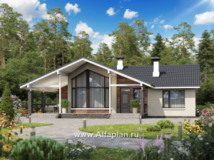 Проекты домов Альфаплан - «Яркий мир» - одноэтажный дом с высокой гостиной и просторной террасой - превью основного изображения