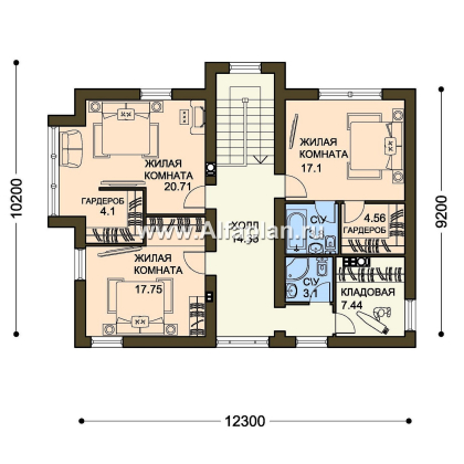 Проект двухэтажного дома, план со спальней на 1 эт, с эркером и с камином, простой в строительстве, в современном стиле - превью план дома