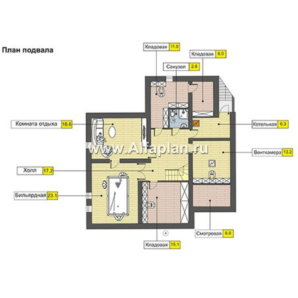 Проекты домов Альфаплан - Современный коттедж с гаражом и бильярдной - превью плана проекта №1