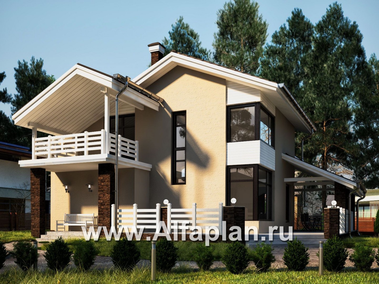Проекты домов Альфаплан - Современный коттедж с большой угловой террасой - основное изображение