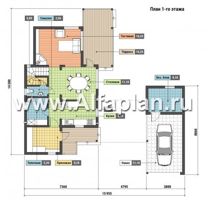 Проекты домов Альфаплан - Современный каркасный дом с навесом для машины - превью плана проекта №1