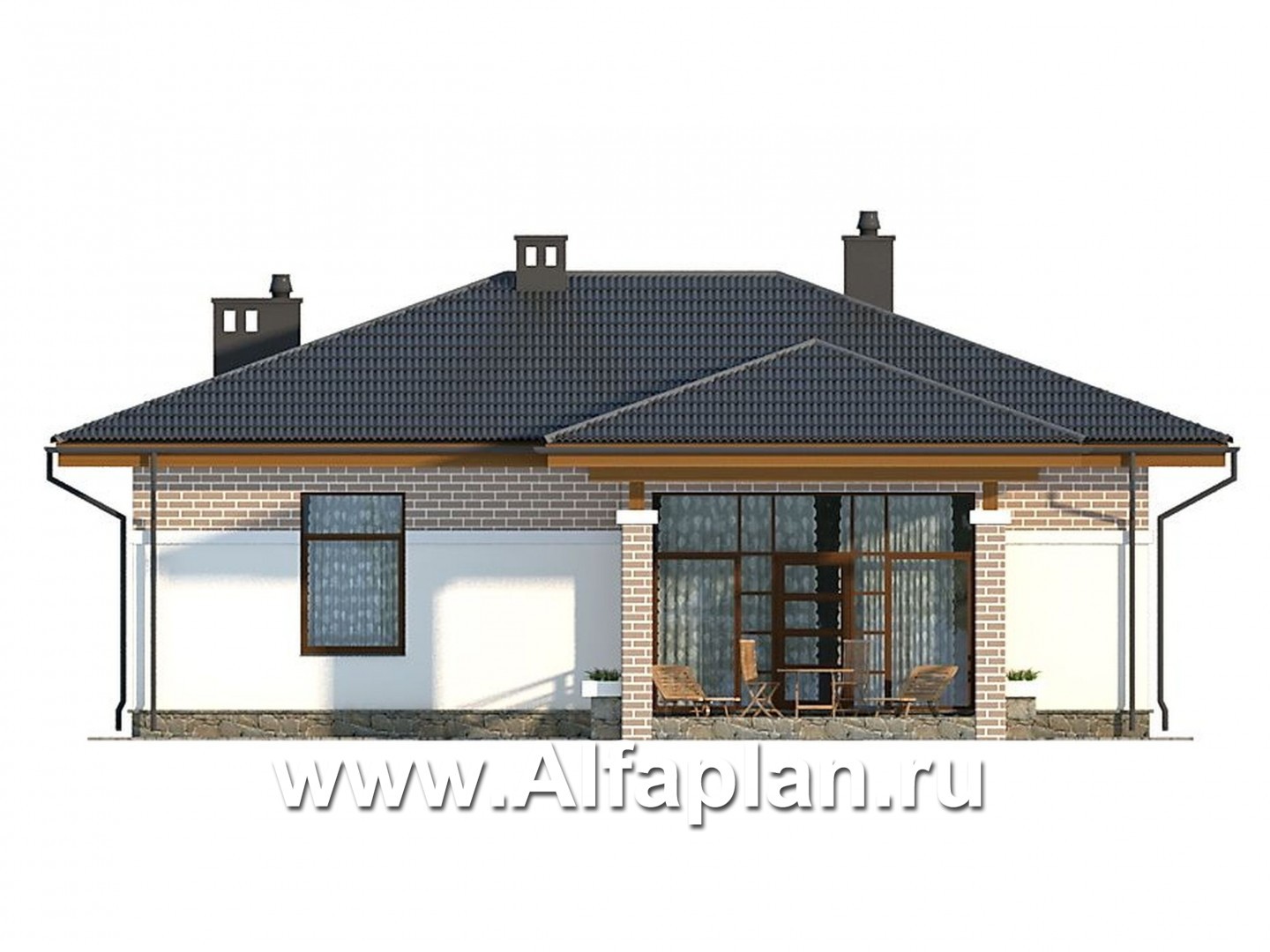 Проекты домов Альфаплан - Компактный одноэтажный дом для небольшой семьи - изображение фасада №2
