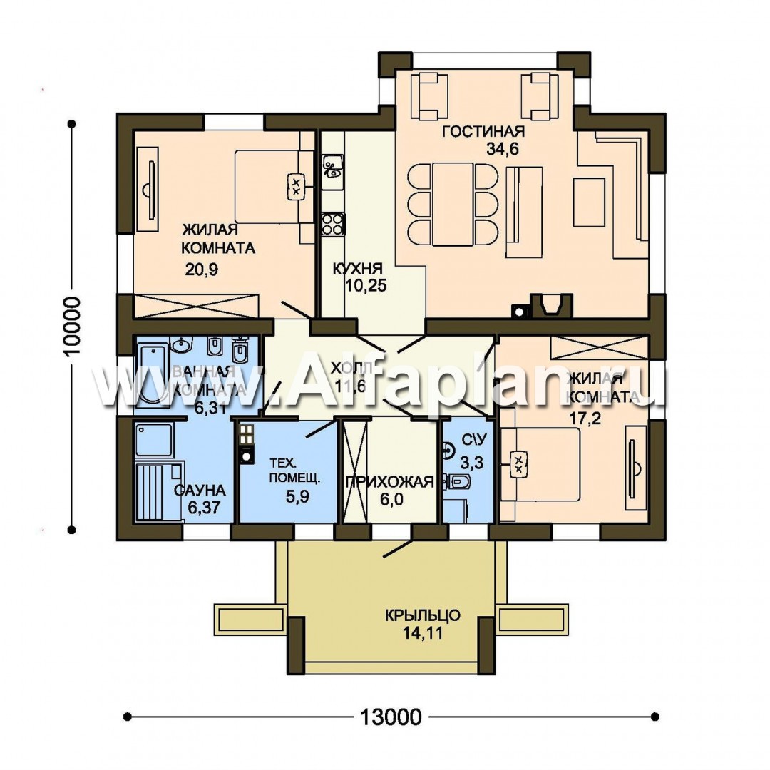 Проекты домов Альфаплан - Одноэтажный дом для небольшой семьи - изображение плана проекта №1
