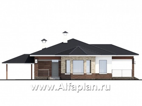 Проекты домов Альфаплан - «Гемера» - стильный одноэтажный дом с эркером и гаражом-навесом - превью фасада №1