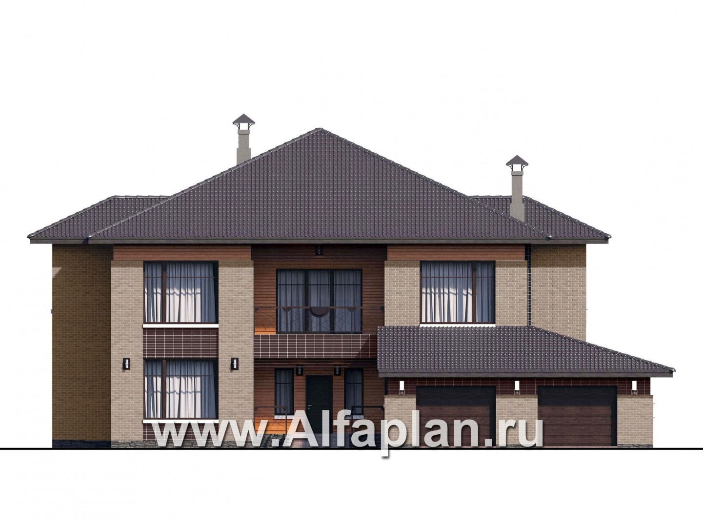 Проекты домов Альфаплан - «Дунай»   — вилла с двусветной гостиной и большим гаражом - изображение фасада №1