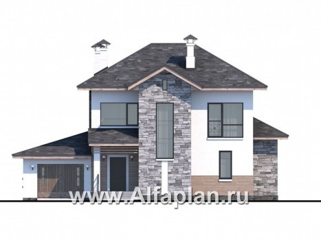 Проекты домов Альфаплан - «Снежная страна» - изящный коттедж с террасами и гаражом - превью фасада №1